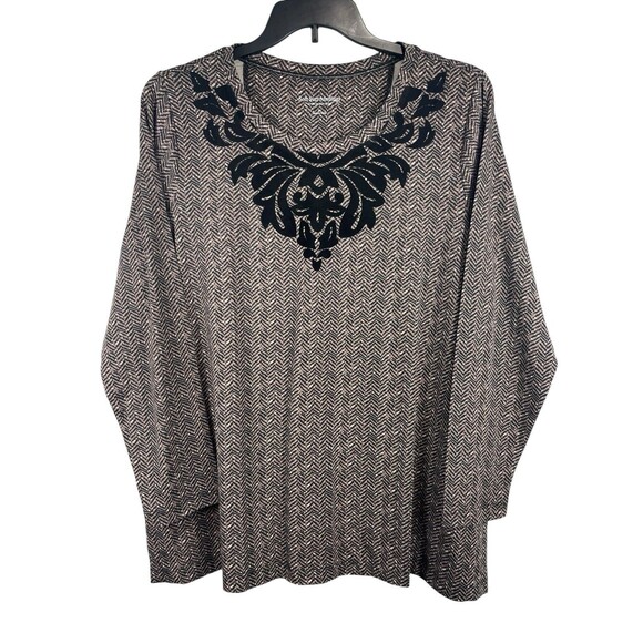 Soft Surroundings Tops - Soft Surroundings 2X Herringbone Print Long Sleeve Top Velvet Embroidered Collar